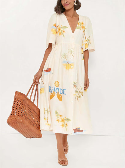 Folk Floral Print Unique Holiday Puff Sleeve Midi Dress